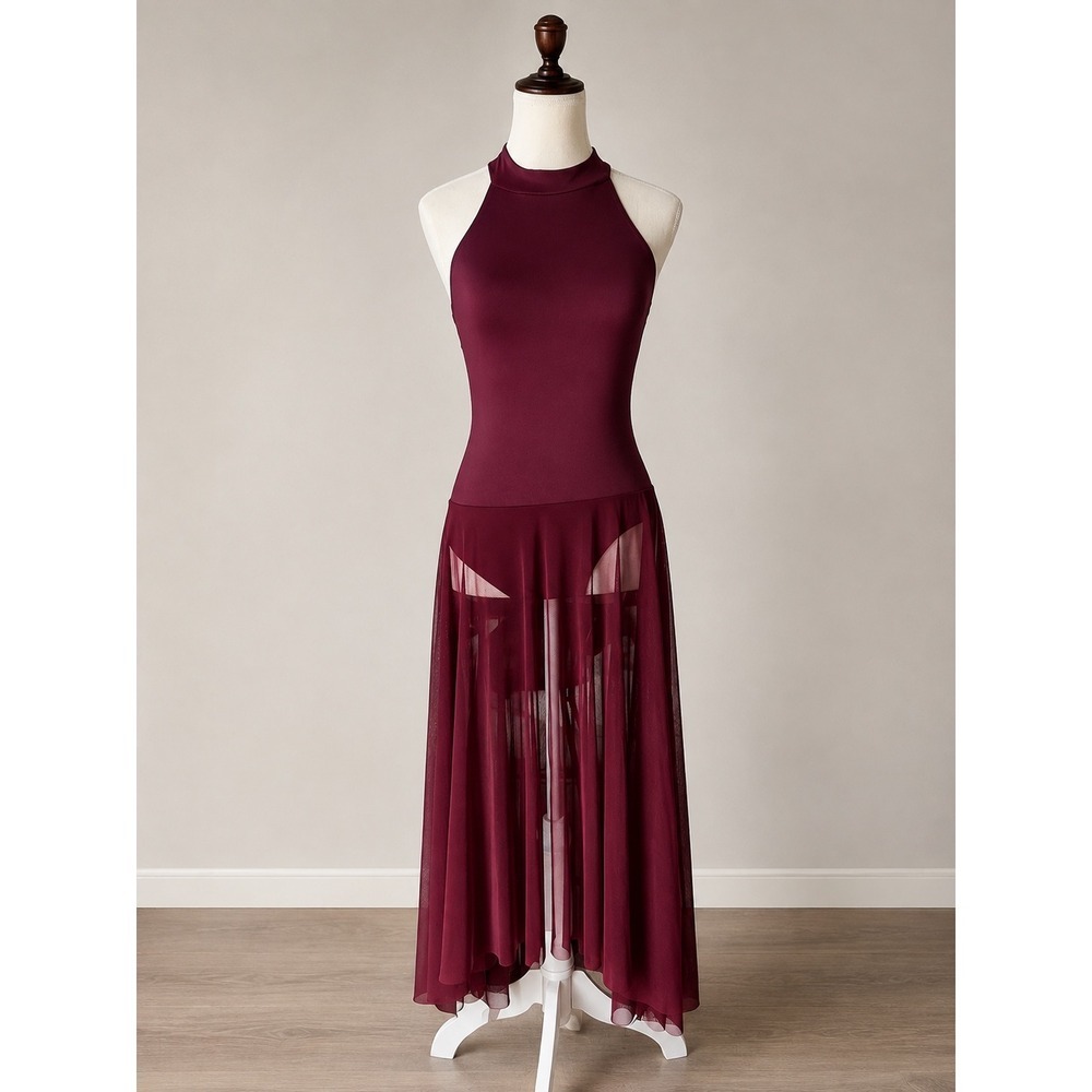 Natalie Dancewear Burgundy Lyrical Dance Costume Mesh Maxi Leotard Dress Medium
